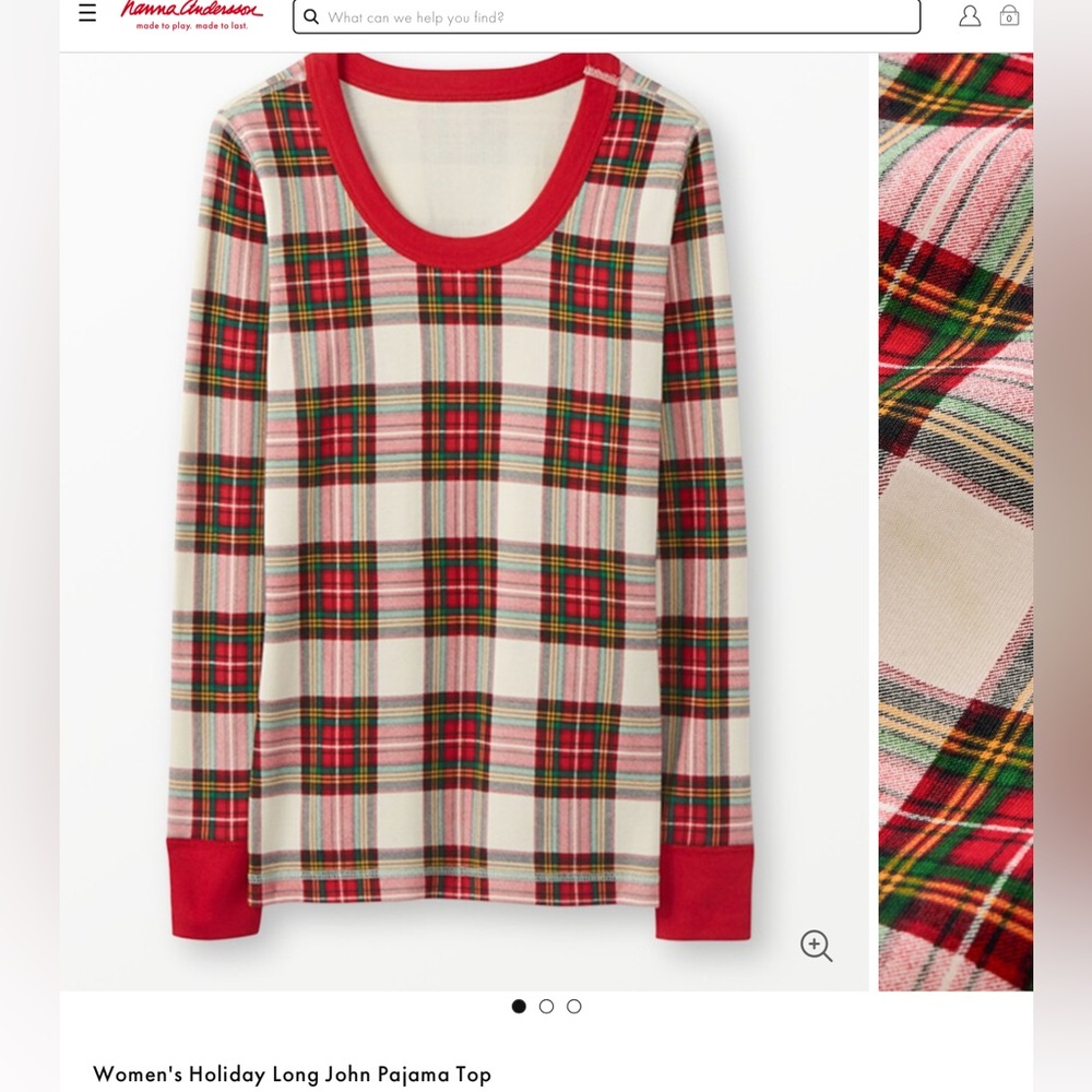 Hanna Andersson Womens Holiday Long John Pajama Top Holiday Plaid Size Large